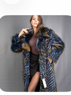 Saga Furs Multicolor Blue, Yellow & Black Long Fur Coat small but roomy